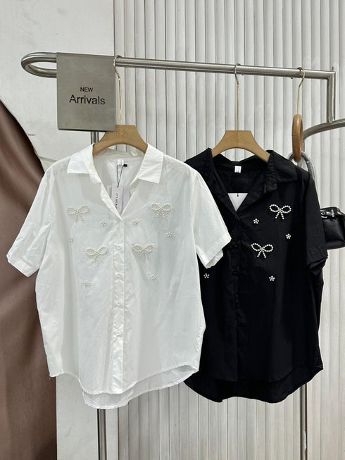 Ladies Pear Detail Collar Down Half Sleeves Shirts